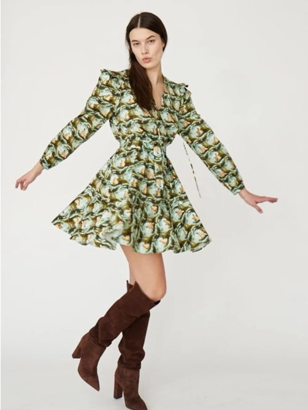 Large Rachel Antonoff Laura pleated mini dress dog pattern Green Long-Sleeve